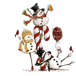 Snowmen Party Candy Cane - Hand Painted - PNG - Sublimation - Christmas Ornaments, Christmas, Snowman Clipart, Snowman Design, Tipsy Snowman