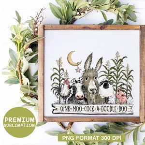 Puede incluir: Un letrero de estilo rústico con fondo blanco y marco de madera marrón. El letrero presenta una ilustración de dibujos animados de un burro, una vaca, un gallo, una oveja y un cerdo. El texto en el letrero dice "OINK-MOO-COCK-A-DOODLE-DOO".