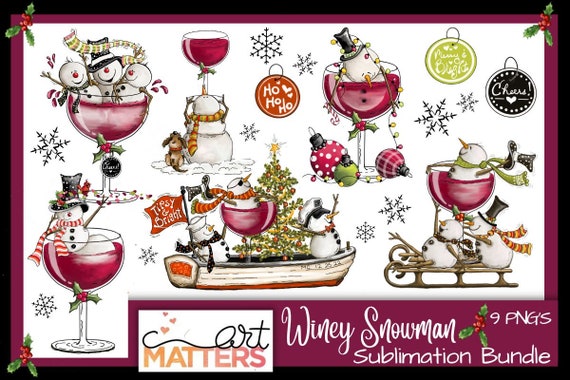 Winey Snowman Sublimation Bundle - 9 elements - Hand Painted - PNG - Sublimation - Christmas