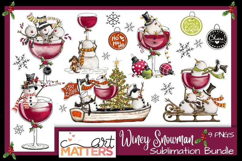 Winey Snowman Bundle portrays whimsical snowmen inside wine glasses, highlighting their tipsy and wine-loving nature.  This artwork captures the essence of the holiday season with its fun and playful depiction of snowmen and their fondness for wine.