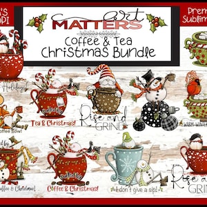 Café et thé Noël Bundle 11 PNG, peint à la main, PNG, sublimation - Noël, décorations de Noël, clipart bonhomme de neige, café PNG, thé
