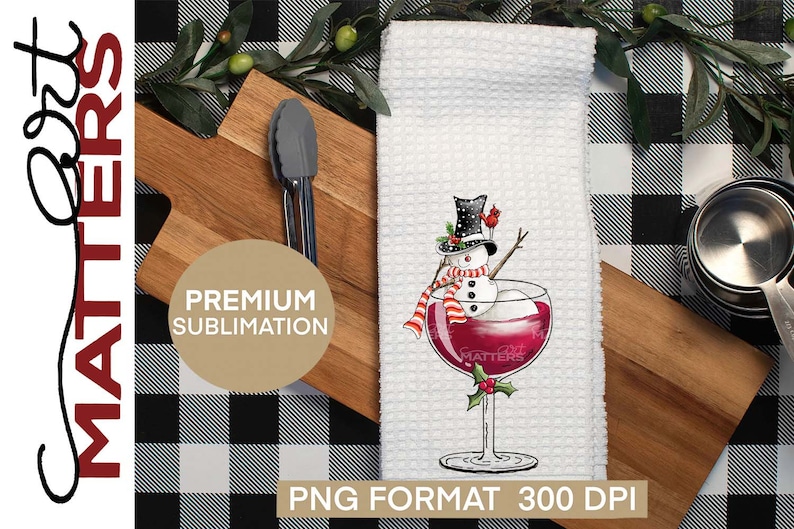 May include: A white kitchen towel with a snowman in a red wine glass. The snowman is wearing a black top hat with white polka dots, a red and white striped scarf, and a red cardinal perched on his hat. The glass is filled with red wine and has a green holly sprig on the stem. The towel is on a black and white checkered background.