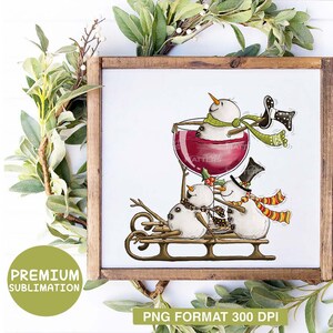 May include: A digital illustration of three snowmen riding a sled. The snowman in the front is holding a glass of red wine. The snowmen are wearing hats and scarves. The background is a white wooden surface.