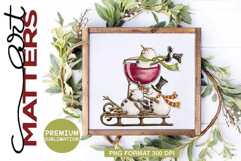 May include: A digital illustration of three snowmen riding a sled. The snowman in the front is holding a glass of red wine. The snowmen are wearing hats and scarves. The background is a white wooden surface.