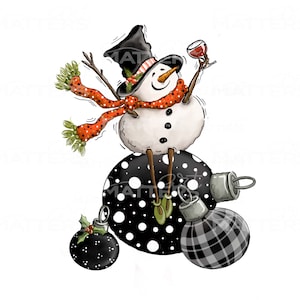 Snowman Wine Black Ornament - Hand Painted - PNG - Sublimation - Christmas