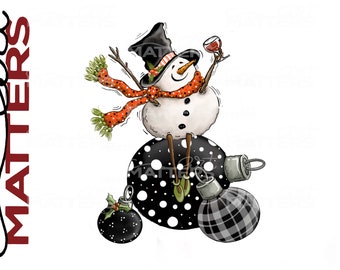 Snowman Wine Black Ornament - Dipinto a mano - PNG - Sublimazione - Natale