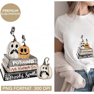 May include: A digital illustration of a stack of books with Halloween-themed covers. The books are decorated with pumpkins, ghosts, and bats. The text on the books reads "Potions", "All Hallows Eve", and "Spooky Spells".