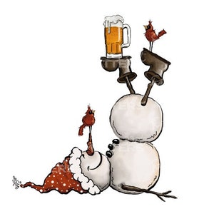 Snowman Beer Red Bird - Dipinto a mano - PNG - Sublimazione - Natale