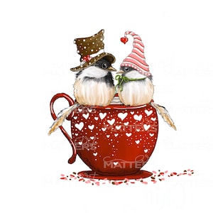 Valentinstag Chickadee Kaffeetasse - Handbemalt - PNG - Sublimation