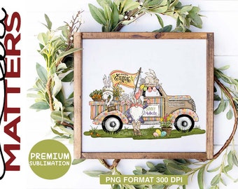 May include: A whimsical illustration of a gnome driving a vintage truck decorated with Easter eggs and flowers. The truck has a sign that says "Happy Easter" and "Bunny Mobile".