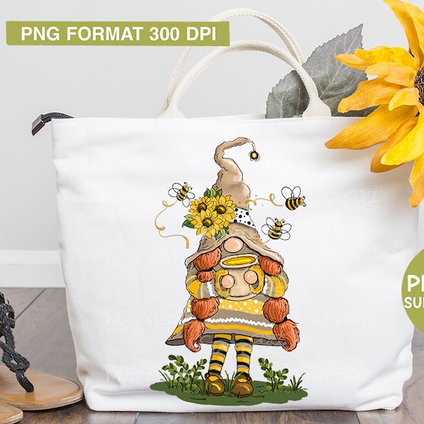 Honeybee Gnome Redhead - Hand Painted - PNG - Sublimation, Garden Clipart, Gnome Clipart, Honeybees, Sunflowers, Gnome Sublimation