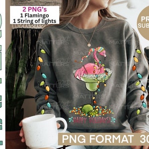 Whimsical Christmas Flamingo Martini - Hand Painted PNG - Sublimation Design