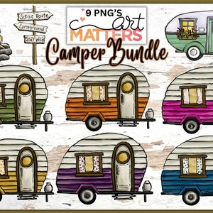 Sublimation lot camping-car - 9 PNG, peint à la main - PNG - sublimation, clipart camping, kayak PNG, modèles de camping-car, clipart camping, foyer