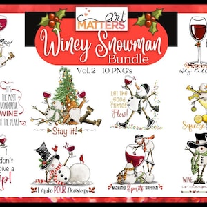 Winey Snowman Sublimatiebundel Vol. 2 - 10 PNG's, Hand Painted, PNG, Sublimation - Kerstmis, Kerstversieringen, Snowman Clipart, Wijn