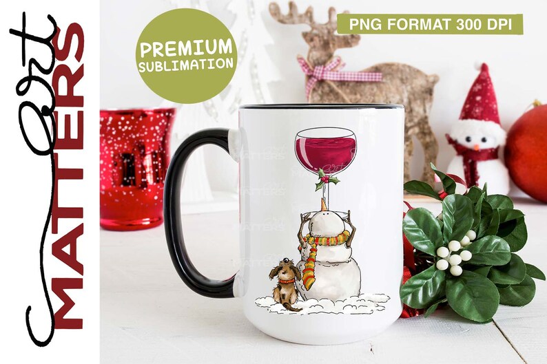 May include: White ceramic mug with a black handle. The mug features a snowman with a red wine glass on his head and a small dog beside him. The design is surrounded by white snow.