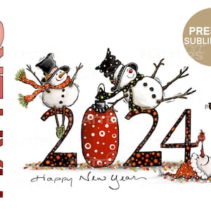 Bonne année 2024 bonhomme de neige - peint à la main - PNG - sublimation - Noël, décorations, bonhomme de neige éméché, clipart bonhomme de neige, nouvel an 2024