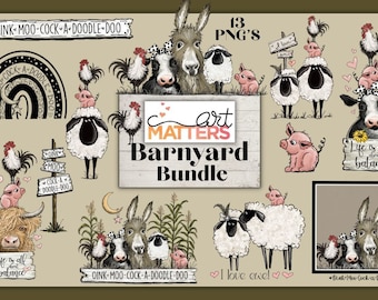 Barnyard Bundle - Hand Painted - PNG - Sublimation - Heifer Clipart, Rooster, Baby Animals, Farmhouse designs, Longhorn Clipart, Pig, Sheep