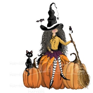 Witch Sitting Pumpkins - Peint à la main - PNG - Sublimation - Halloween