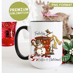 Bonhomme de neige alimenté par le café et Noël - Peint à la main - PNG - Sublimation - Noël, Ornements, Bonhomme de neige drôle, Clipart de bonhomme de neige, Café