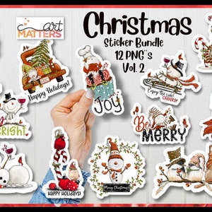 Pacote de adesivos de Natal Vol. 2 - 12 elementos - Pintados à Mão - PNG - Sublimação - Natal