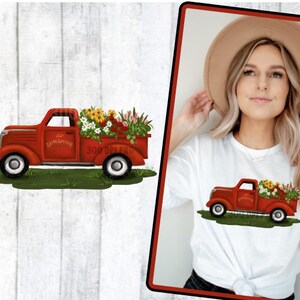 Grama de flor de caminhão vermelho vintage - Pintados à mão - PNG - Sublimação - Verão