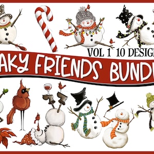 Flockiger Schneemann Bundle Vol. 1 - 10 Elemente - Handbemalt - PNG - Sublimation - Weihnachten, Beschwipster Schneemann, Schneemann Clipart, Schneemann Designs