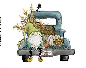 May include: A whimsical illustration of a teal vintage truck filled with autumn harvest elements. A gnome with a green hat and white beard sits on the truck's bumper. Pumpkins, sunflowers, and the word "Fall" are also featured.