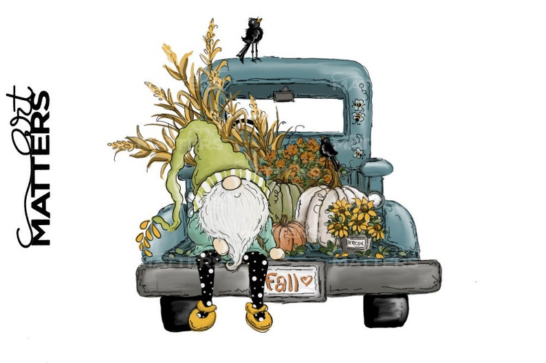 Fall Gnome Vintage Truck  Hand painted  PNG  Sublimation  image 1