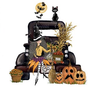Witch Sitting Pumpkins - Peint à la main - PNG - Sublimation - Halloween