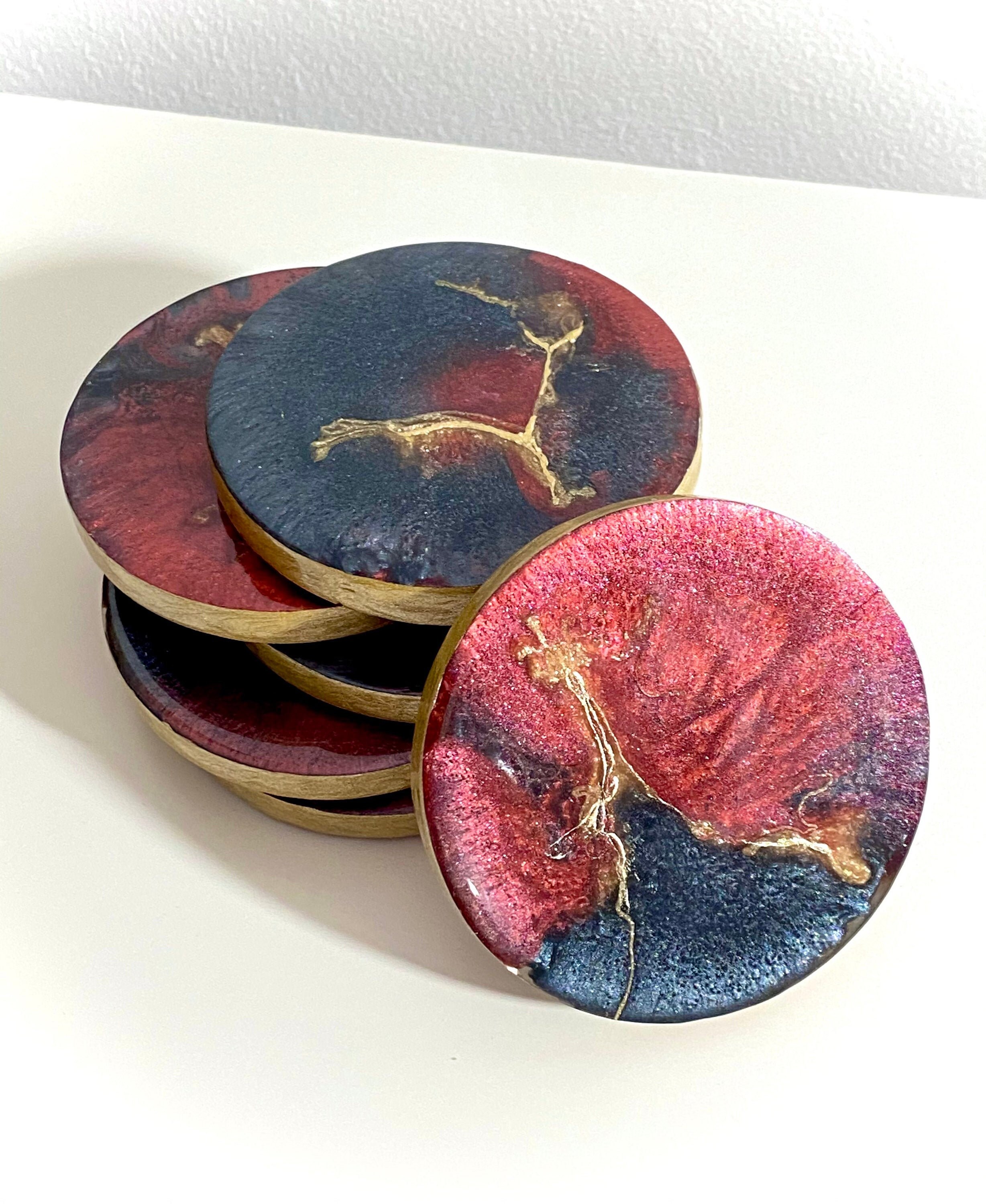 Red marble & gold round coasters/ Handmade resin Etsy
