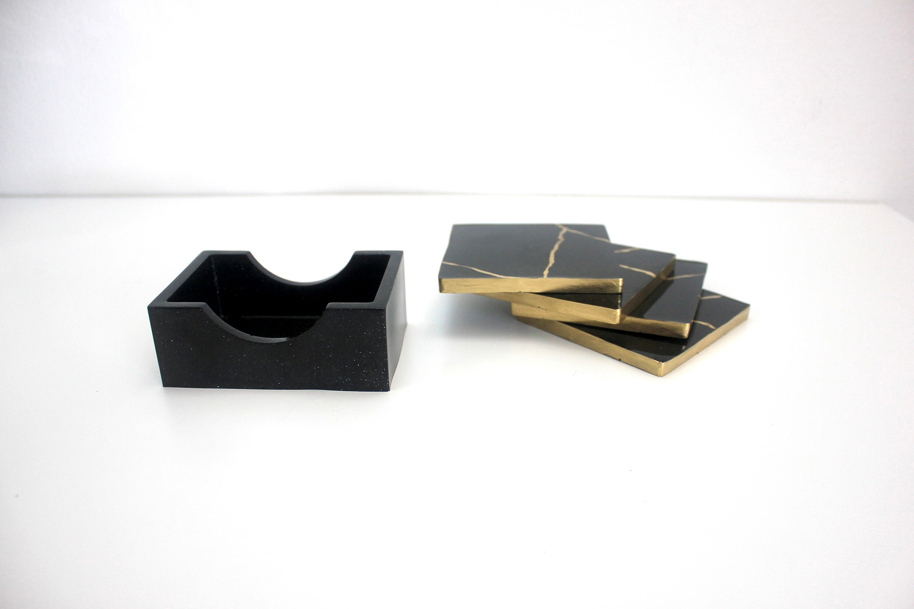 4 square coasters & holder/ Black and gold/ Handmade resin Etsy