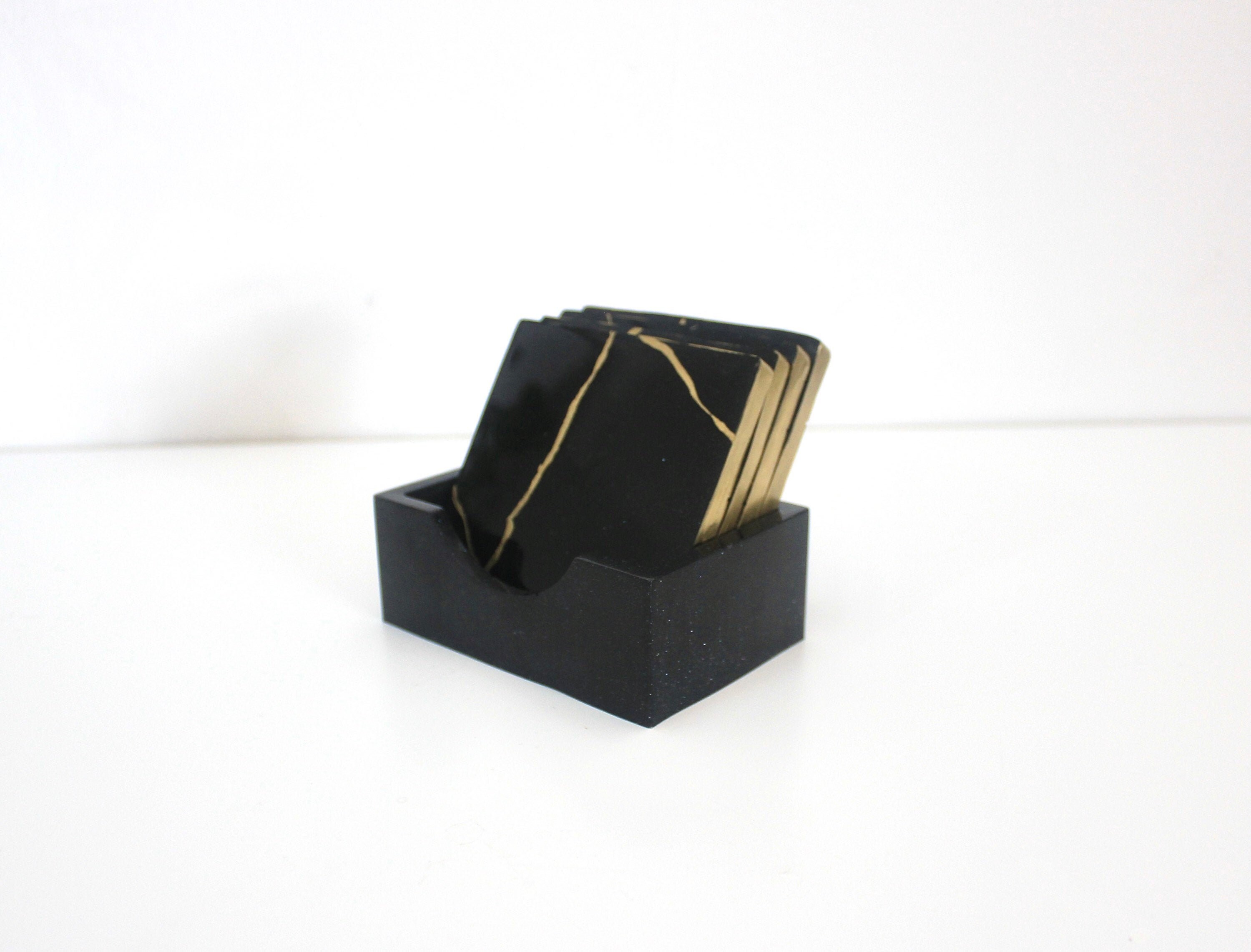 4 square coasters & holder/ Black and gold/ Handmade resin Etsy