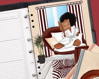 African American Girl Reading and Minding Her Business Planner Cover or Dashboard, A5/LV, Personal/MM, Happy Planner