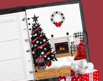 Christmas Planner Cover Set, Red Black & White Living Room Scene, A5/LV Agenda, Personal/MM Agenda,  Happy Planner Dashboard