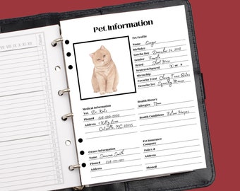 May include: A white page with a black border, titled "Pet Information." The page has sections for pet profile, medical information, owner information, and pet insurance. A watercolor illustration of a ginger cat is in the upper left corner.