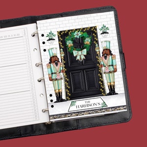 May include: A black door with a green wreath and lights, flanked by two nutcracker figurines. The door has a sign that reads "The Harbison's".