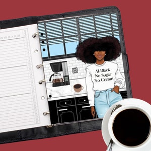 All Black African American Girl Planner Cover, Planner Dashboard, Happy Planner, A5/LV/GM Agenda, Personal/MM, Curvy Girl, Coffee