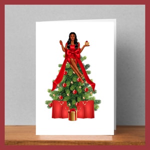 Girl Atop Tree Christmas Card, African American Greeting Card, Curvy African American Christmas Card, Lady in Red Christmas Card,