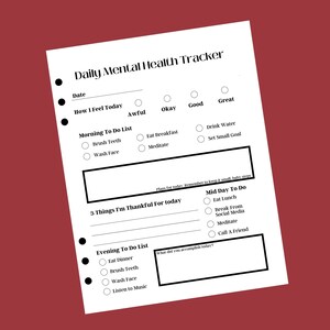 Peut inclure: Un suivi quotidien de la sant&eacute; mentale imprimable en noir et blanc avec des cases &agrave; cocher pour les t&acirc;ches et le suivi de l'humeur. Le suivi comprend des sections pour les listes de choses &agrave; faire du matin, du midi et du soir, ainsi qu'un espace pour lister trois choses pour lesquelles vous &ecirc;tes reconnaissant.