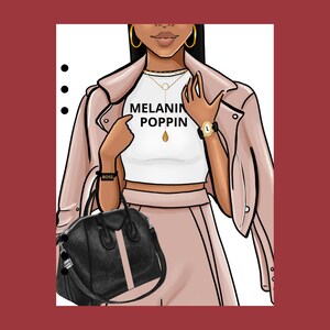 May include: A woman wearing a pink leather jacket, a white crop top with the text "MELANIN POPPIN", a pink skirt, and a black handbag. She is wearing a gold necklace and a gold watch.