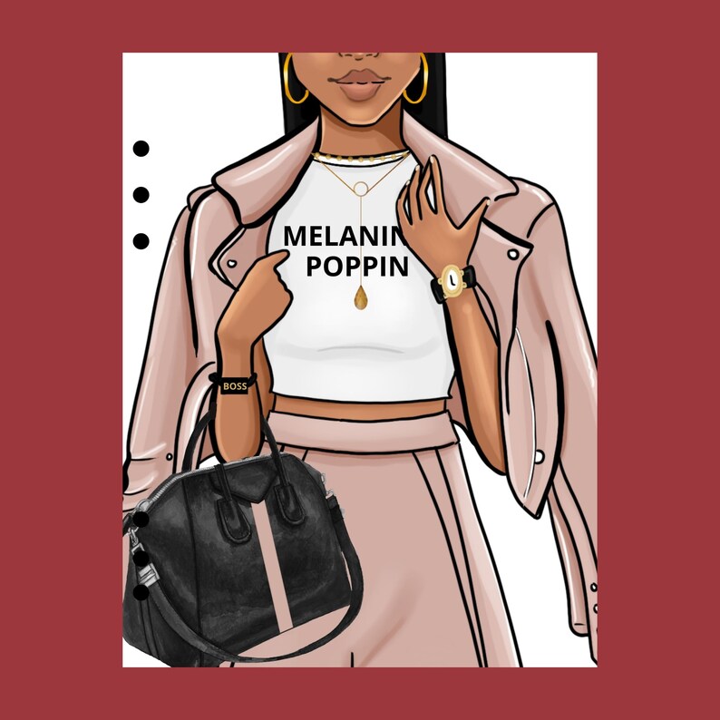 May include: A woman wearing a pink leather jacket, a white crop top with the text "MELANIN POPPIN", a pink skirt, and a black handbag. She is wearing a gold necklace and a gold watch.