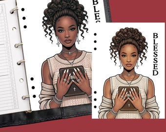 May include: A planner insert featuring an illustration of a person with dark curly hair in an updo, wearing a beige cable-knit sweater, cross earrings, and necklaces. The person holds a brown book labeled BIBLE. The text BLESSED is printed vertically.