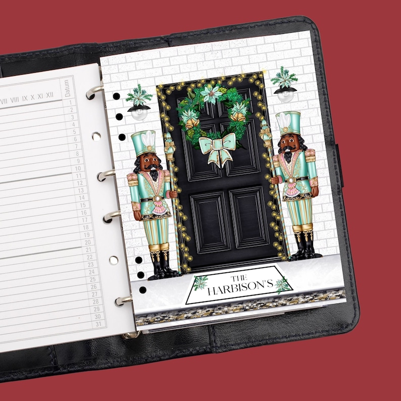 May include: A black door with a green wreath and lights, flanked by two nutcracker figurines. The door has a sign that reads "The Harbison's".