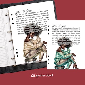 May include: A planner insert featuring the text Note To Self and an illustration of a person with curly hair sitting on a stool. The text reads: You are enough just as you are. Your worth isn't tied to achievements or the opinions of others.