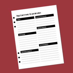 May include: A printable wardrobe checklist with categories for tops, jackets/coats, shoes/boots, bottoms, dresses/skirts, and accessories.