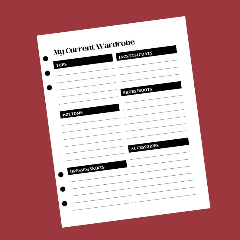 May include: A printable wardrobe checklist with categories for tops, jackets/coats, shoes/boots, bottoms, dresses/skirts, and accessories.