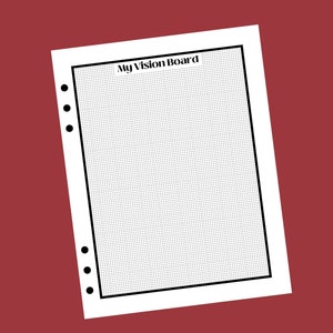 May include: A blank white vision board with a black border and the text "My Vision Board" at the top. The board has a grid of small dots.
