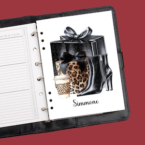 May include: A planner page with a black gift box, a leopard print gift box, a black heeled boot, and a coffee cup with a leopard print sleeve. The word "Simmone" is written in black script.