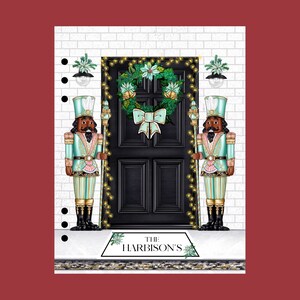 May include: A black door with a green wreath and gold lights. Two nutcracker figurines stand on either side of the door. A white doormat with the text "THE HARBISON'S" is below the door.