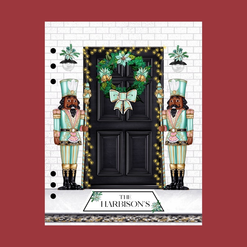May include: A black door with a green wreath and gold lights. Two nutcracker figurines stand on either side of the door. A white doormat with the text "THE HARBISON'S" is below the door.
